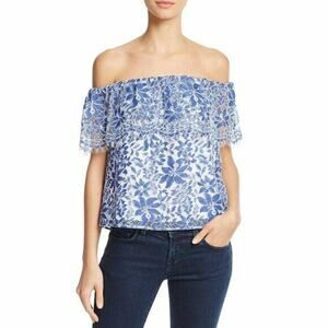 COOPER & ELLA | sz XS Women's Blue/White Floral Lace Off Shoulder Ruffle Blouse